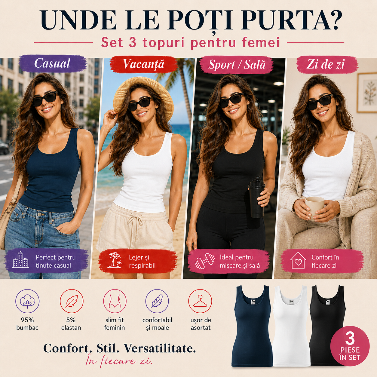 Maiou damă lejer din bumbac top casual fără m&acirc;neci negru alb albastru marin
